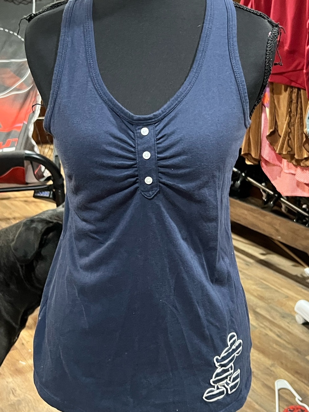 Disney Navy Blue Women’s Tank Top with Button Front and Embroidered Design